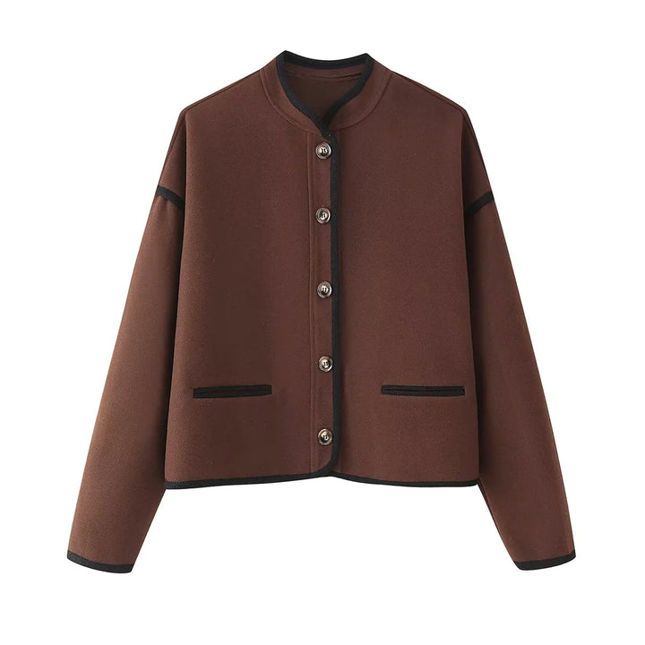Damen nan kastige Kurzjacke mit Rundhalsausschnitt, Kontrastpaspel und Leistentaschen Echo Archiv