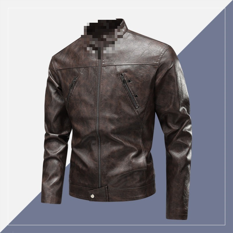 Herren Lederimitat-Bikerjacke mit Stehkragen, schmaler Passform & diagonalen Reißverschlusstaschen Echoarchiv