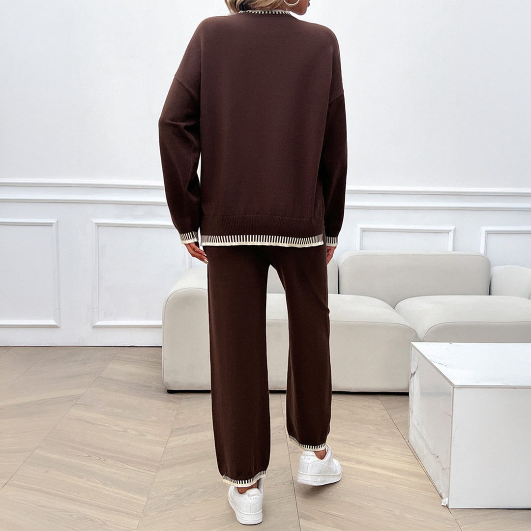 Damen Lounge-Zweiteiler aus feinem Feinstrick mit kontrastierten Bündchen und geradem Bein – Élanora