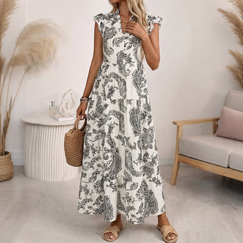 Damen Maxikleid mit Paisley‑Print, V‑Ausschnitt und Stufenrock Echoarchiv