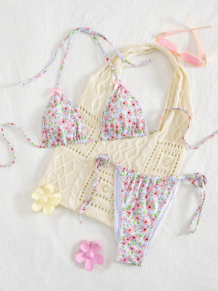 Damen Triangel-Bikini mit floralem Muster und vielseitigem Höschen Echo Archiv