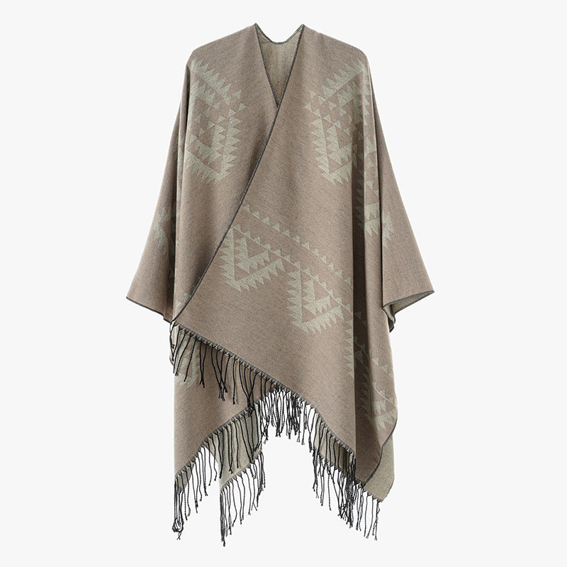 Damen Grobgewebter Jacquard-Umhang im Oversize mit Zipfelsaum und Fransensaum Echo Archiv