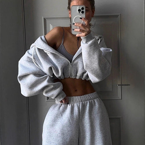 Damen athletisches Cropped-Zip-Hoodie und weite High-Waist Lounge-Jogginghose – Avérine