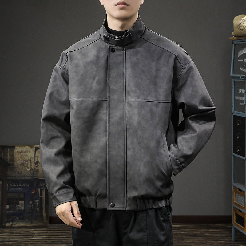 Herren Minimalistische Vintage-Kunstleder-Bomberjacke mit Stehkragen und verdeckter Druckknopfleiste Echoarchiv