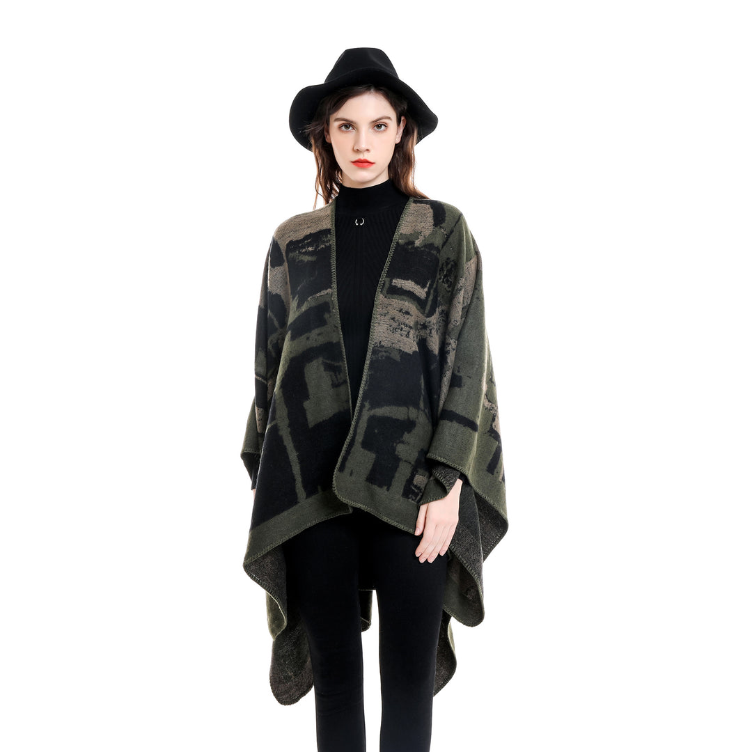 Damen Oversize-Umhangruana aus Wollmix mit abstraktem Jacquard und Zierstichkante – Célinea