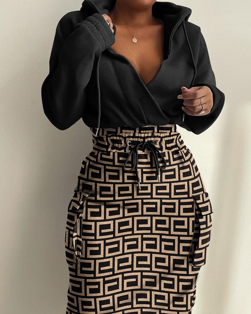 Damen Kapuzen Sweatkleid mit V-Ausschnitt, Kordelzug-Taille und Cargo-Taschen Echoarchiv
