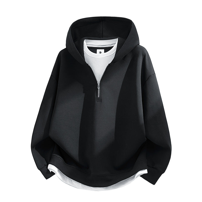 Unisex Oversize-Halbzip-Kapuzenpullover mit Lagen‑Optik, gerundetem Saum & gerippten Bündchen Echoarchiv