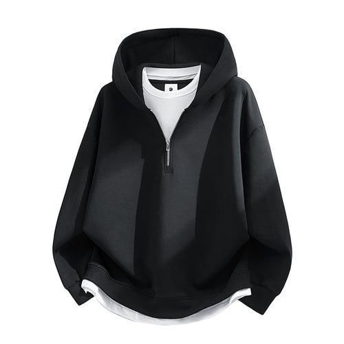 Unisex Oversize-Halbzip-Kapuzenpullover mit Lagen‑Optik, gerundetem Saum & gerippten Bündchen Echoarchiv