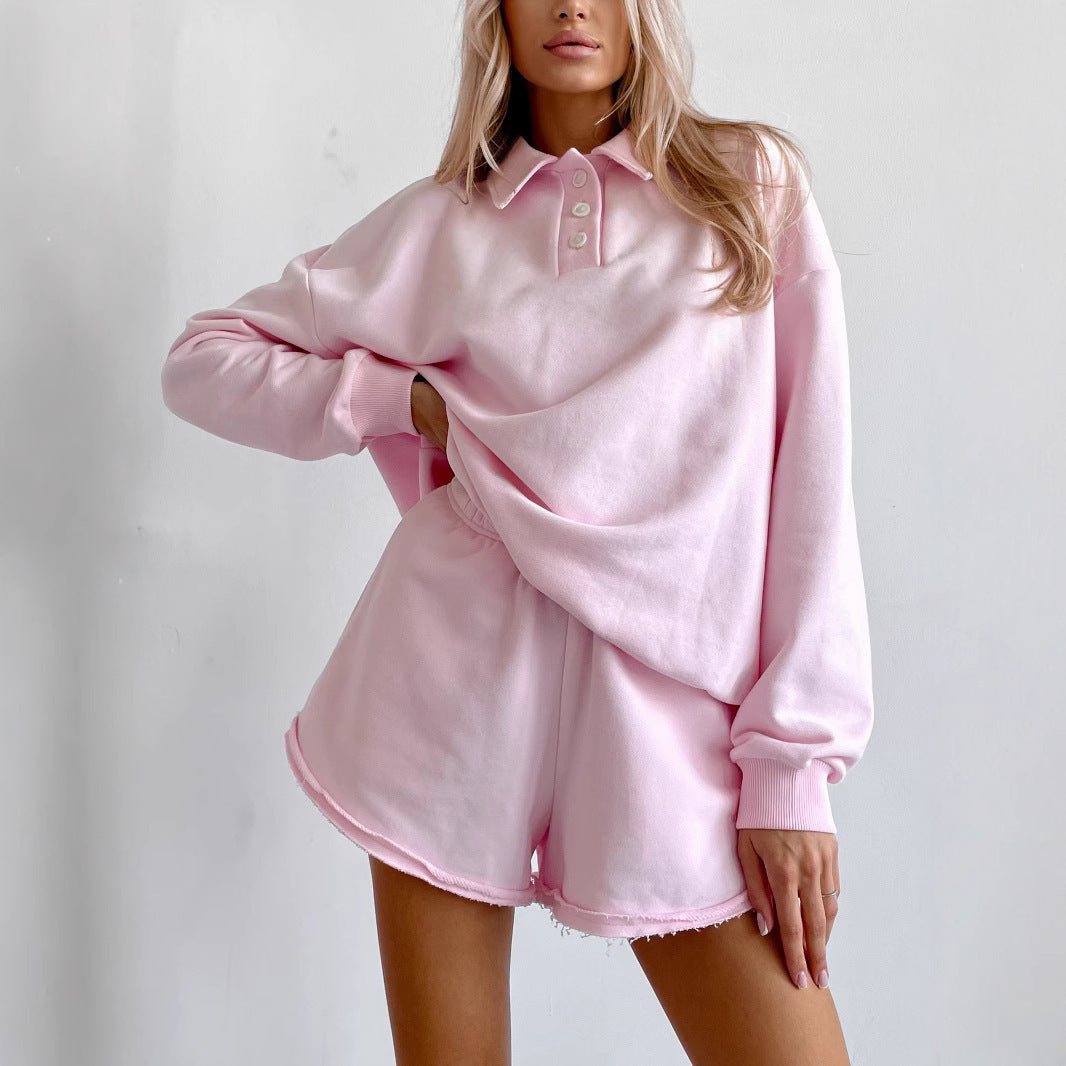 Damen Polo-Sweatshirt und fransige High-Waist Lounge-Shorts Set – Avérine