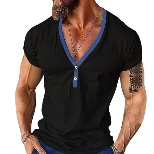 Herren Kurzarm Henley T-Shirt mit stylischem Kragen und zwei Knöpfen Echoarchiv