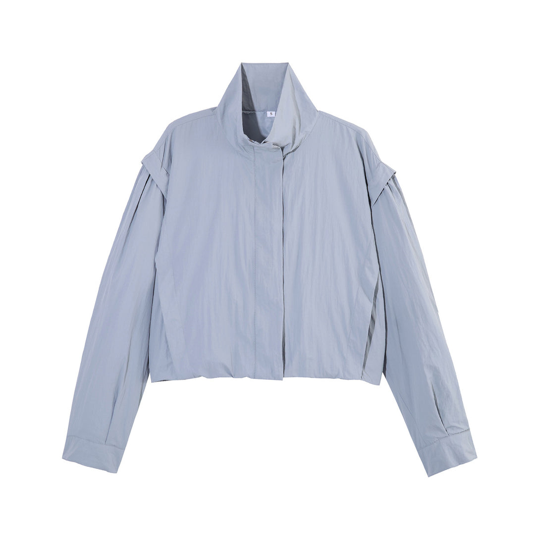 Damen Cropped-Übergangsjacke mit Stehkragen und gerafften Schulterdetails Echoarchiv