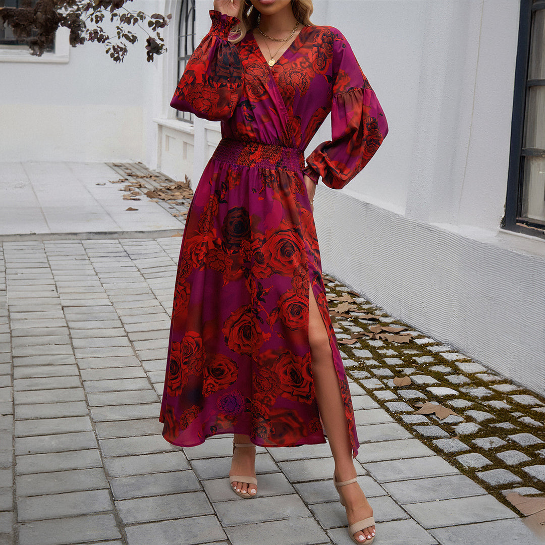 Damen Wickelmidikleid mit V-Ausschnitt, Ballonärmeln und taillierendem Gürtel – Élara