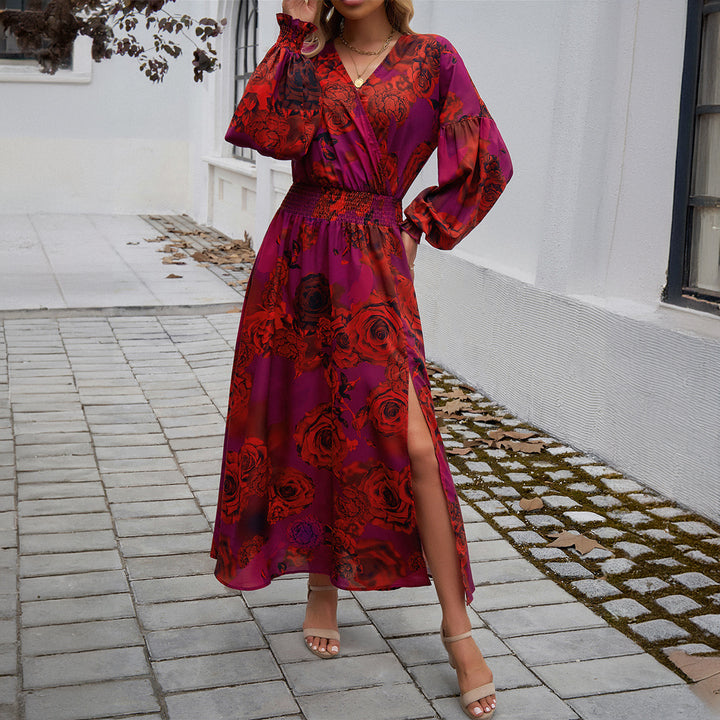 Damen Wickelmidikleid mit V-Ausschnitt, Ballonärmeln und taillierendem Gürtel – Élara
