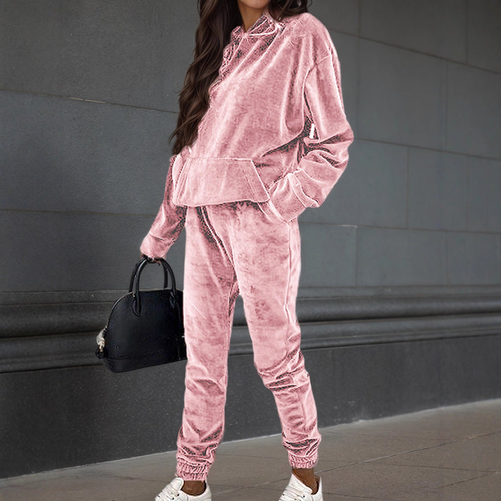 Damen Samt-Jogginganzug mit Kapuzenhoodie, Kängurutasche und elastischer Bündchenhose Echoarchiv