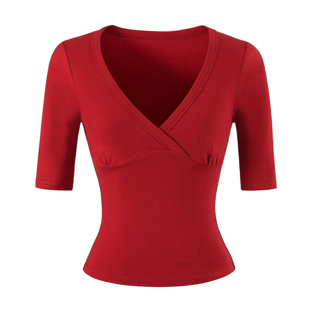 Damen Figurbetontes Wickelshirt mit tiefem V-Ausschnitt, dreiviertelärmeln und Taillenbetonung Echoarchiv
