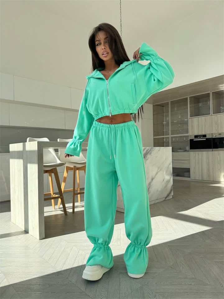 Damen Cropped-Kapuzenjacke mit Reißverschluss und taillierter Tunnelzug-Jogginghose – Auréline