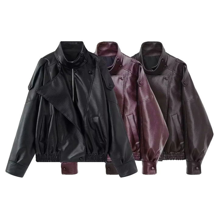 Damen asymmetrische Oversize Kunstlederjacke mit Stehkragen, Schulterklappen und Tunnelzugsaum – Célinea
