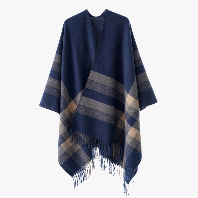 Damen Wollmix-Capeponcho im Oversize-Kimono mit Karomuster und Fransensaum – Montévia