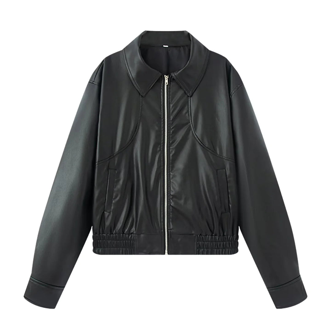 Damen nan Oversize Kunstlederjacke im Bomberstil mit Hemdkragen, kontrastierender Materialoptik und elastischem Saum Echo Archiv