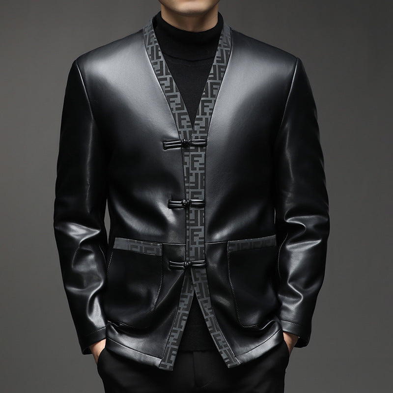 Herren Lederimitat-Cardiganjacke mit KnEcho Archivelverschlüssen und kontrastierendem Schalkragen Echo Archiv