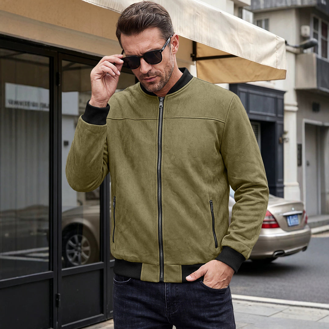 Herren Wildlederoptik Bomberjacke mit Rippenbündchen und Reißverschluss-Taschen – Brevano