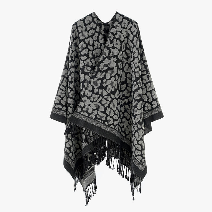 Damen Oversize‑Cape mit Jacquard‑Leomuster, offenem Fall und Fransen Echo Archiv