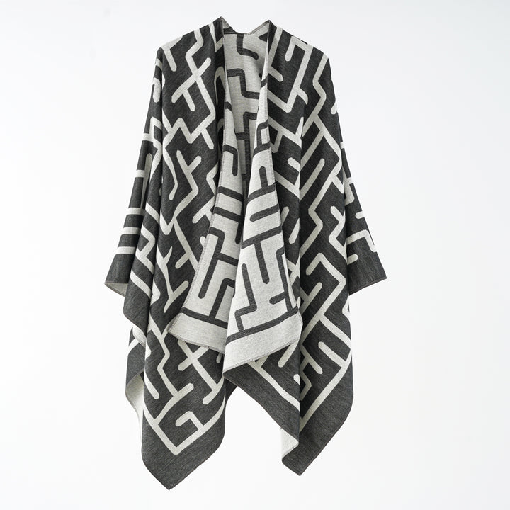 Damen Wendefreundlicher Jacquard-Capeponcho im Oversize mit grafischem Allovermuster Echo Archiv