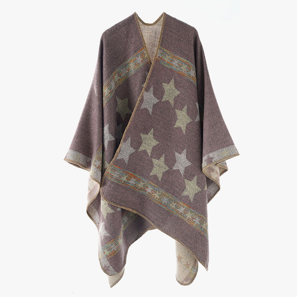 Damen Oversize-Capeponcho aus Wollmix mit zweilagigem Stern‑Jacquard und dekorativer Kettelnaht – Montévia