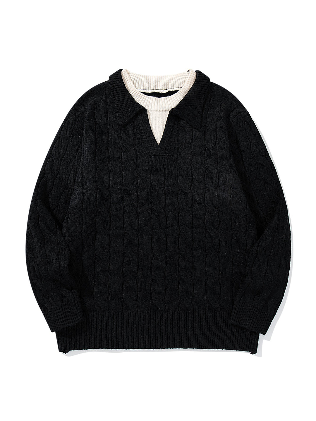 Unisex Strukturiertes Zopfstrick-Pullover mit Polokragen und tiefem V‑Ausschnitt Echoarchiv