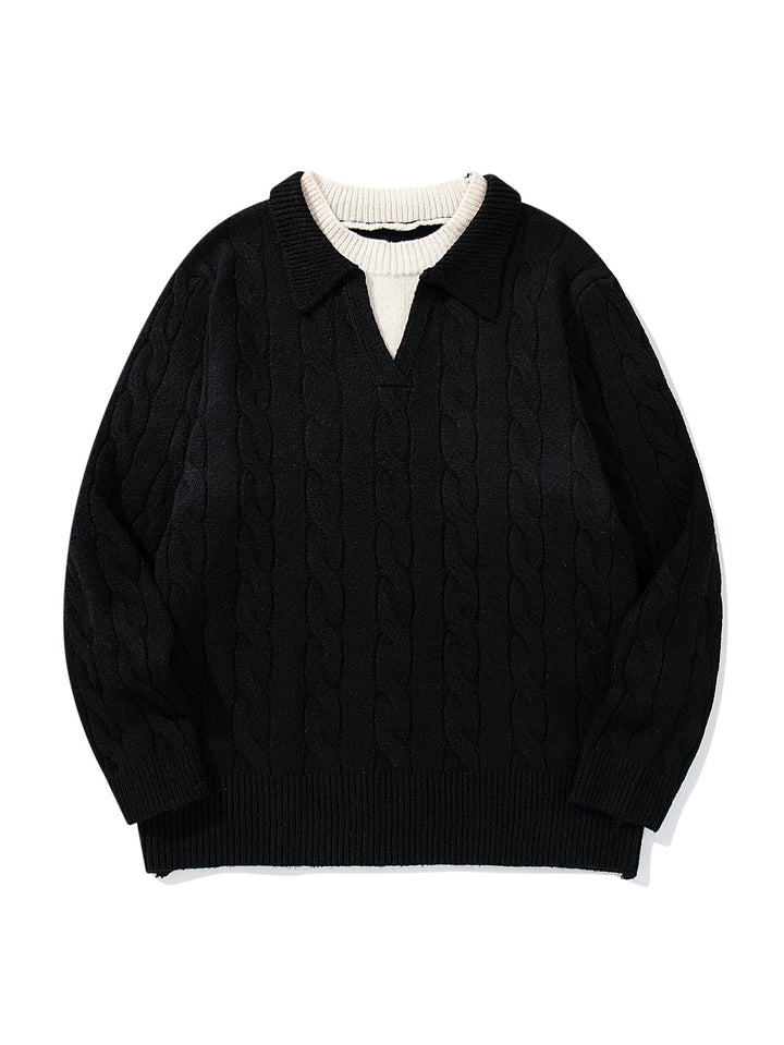 Unisex Strukturiertes Zopfstrick-Pullover mit Polokragen und tiefem V‑Ausschnitt Echoarchiv