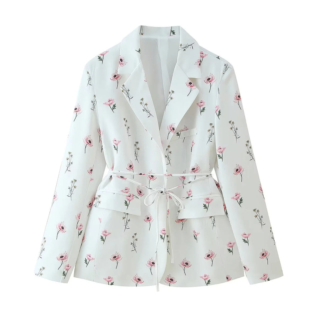 Damen floraler Blazerjacke mit Bindegürtel, Pattentaschen und Schalkragen – Valéne