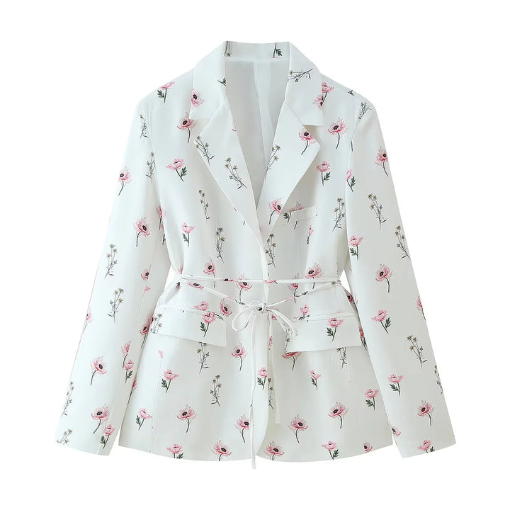 Damen floraler Blazerjacke mit Bindegürtel, Pattentaschen und Schalkragen – Valéne