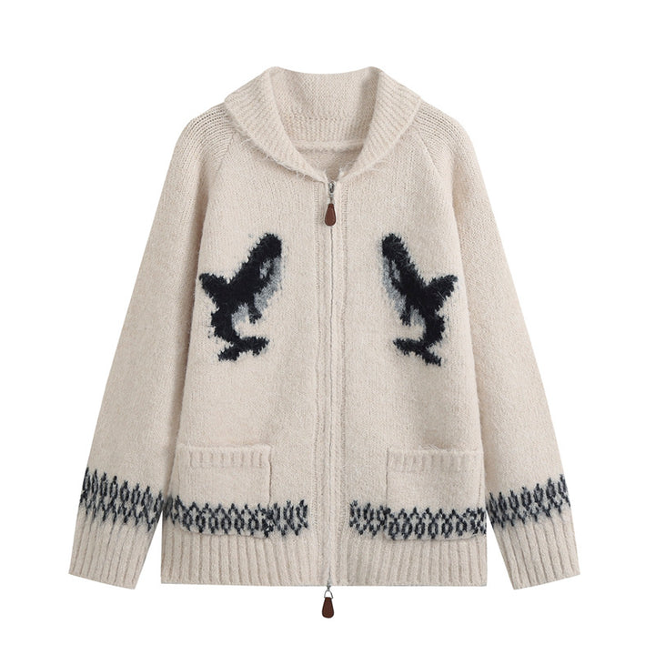 Damen Strickjacke mit Reißverschluss, Schalkragen und Wal‑Intarsien Echo Archiv
