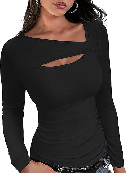 Damen Geripptes Langarmshirt mit asymmetrischem Carmenausschnitt und Brust-Cut-Out Echo Archiv