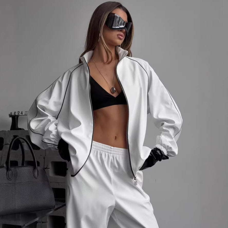 Damen Zweiteiliges Loungewear-Set mit Stehkragen-Zipjacke und weiter Bundfaltenhose – Élanora