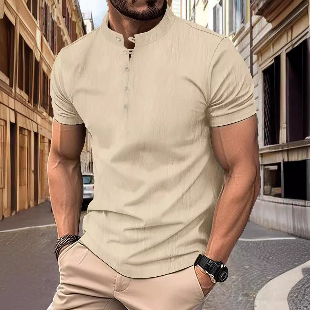 Herren Kurzarmshirt mit modernem Stehkragen und Knopfleiste Echoarchiv