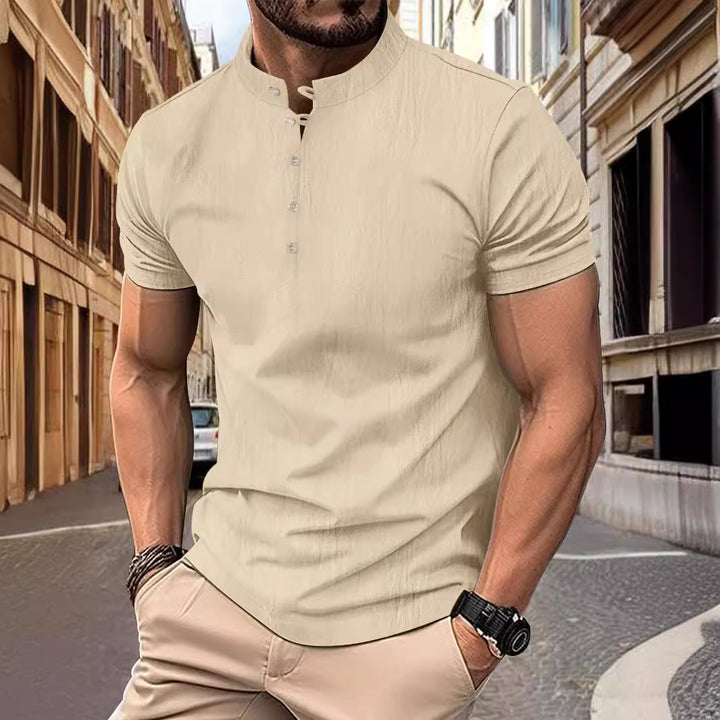 Herren Kurzarmshirt mit modernem Stehkragen und Knopfleiste Echoarchiv