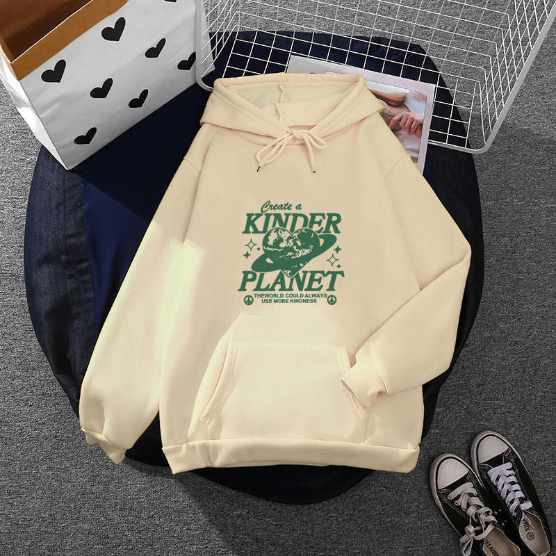 Unisex oversized Kapuzenpullover mit Statement-Print "Kinder Planet", Kängurutasche und weichem Futter – Auréline
