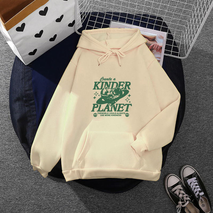 Unisex oversized Kapuzenpullover mit Statement-Print "Kinder Planet", Kängurutasche und weichem Futter – Auréline