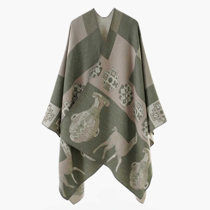 Damen Cape-Überwurf aus Jacquard-Strick mit Tier- und Ethno-Motiv Echo Archiv