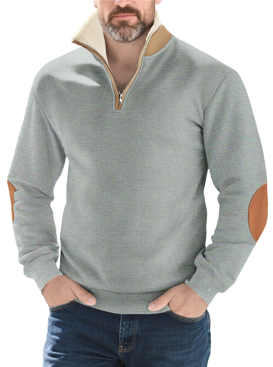 Herren nan Strukturstrick-Halbzipppullover mit wärmendem Sherpa-Kragen und Velours-Ellenbogenapplikation Echo Archiv