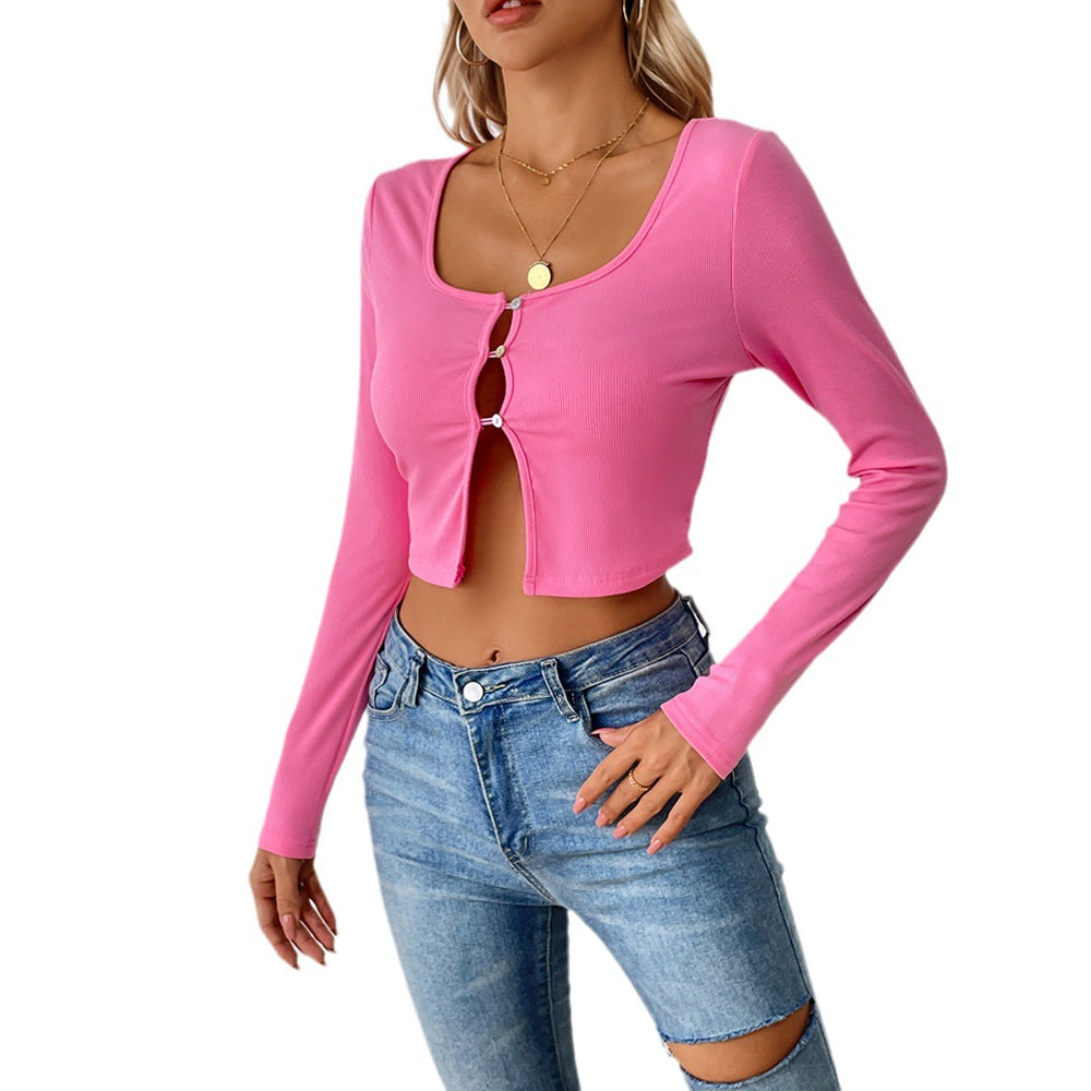 Damen bauchfreies geripptes Cropped-Cardigan mit frontalen Cutouts und Zierösen – Veloura