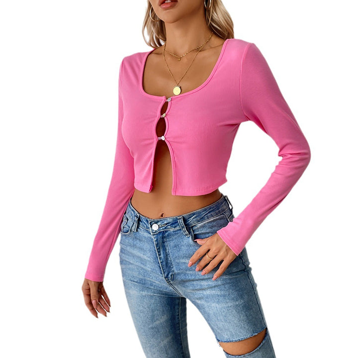 Damen bauchfreies geripptes Cropped-Cardigan mit frontalen Cutouts und Zierösen – Veloura