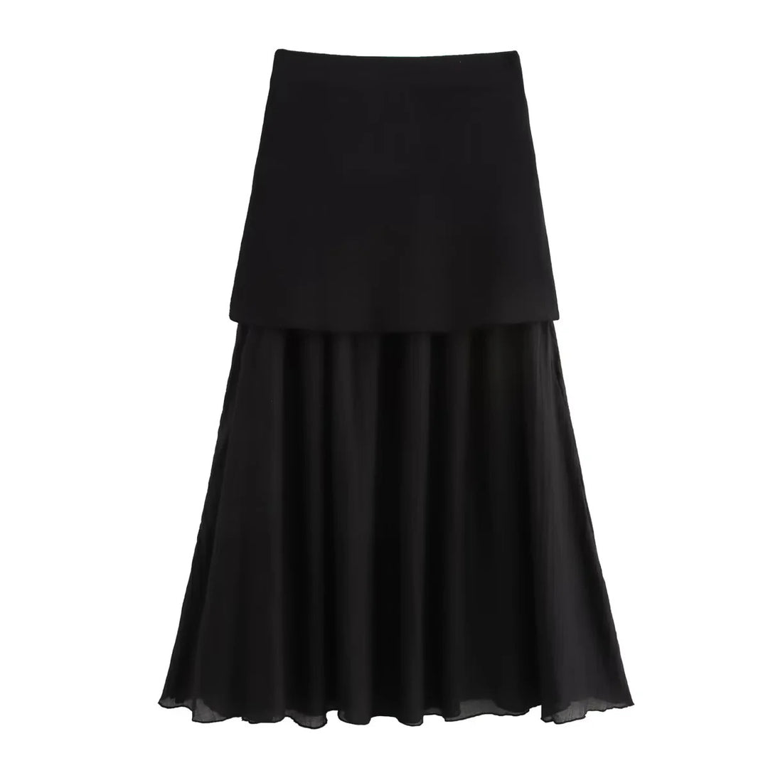 Damen nan zweilagiger Maxi-Rock mit plissiertem Chiffon und hoher Taille Echo Archiv