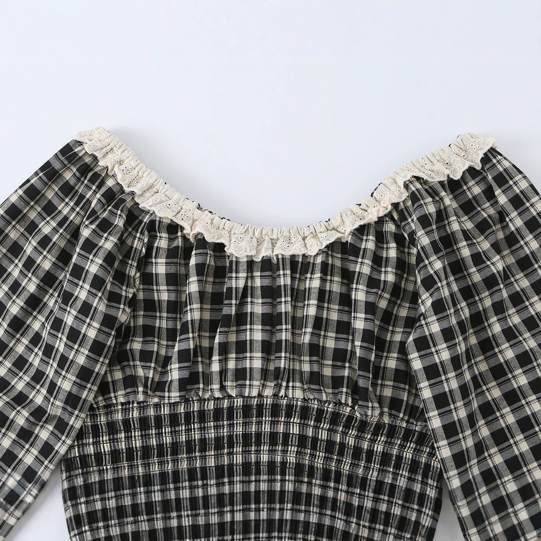Damen Karierte Cropped-Bluse mit eckigem Ausschnitt, Spitzenbesatz und geraffter Taille Echo Archiv