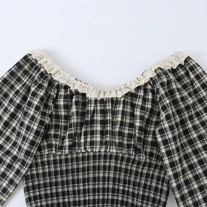 Damen Karierte Cropped-Bluse mit eckigem Ausschnitt, Spitzenbesatz und geraffter Taille Echo Archiv
