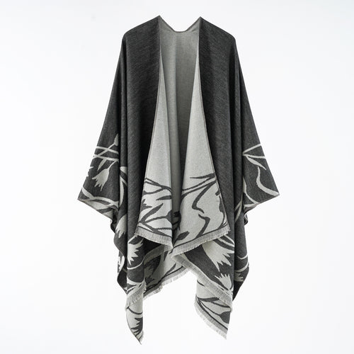 Damen Edler Wendbarer Ruana-Überwurf im Double-Face Wollmix mit floralem Jacquard – Avérine