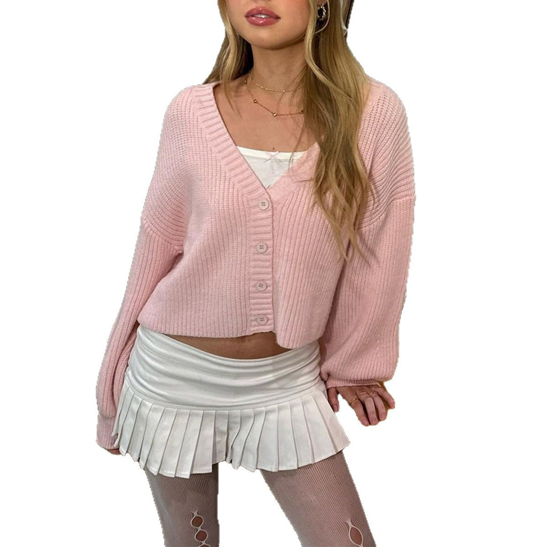 Damen kurzes Rippstrick-Cardigan mit Oversize-Balloonärmeln und Knopfleiste – Veloura