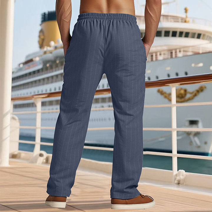 Herren Maritime Leinenoptik-Freizeithose mit Nadelstreifen elastischem Bund und seitlichen Eingrifftaschen – Sorevano