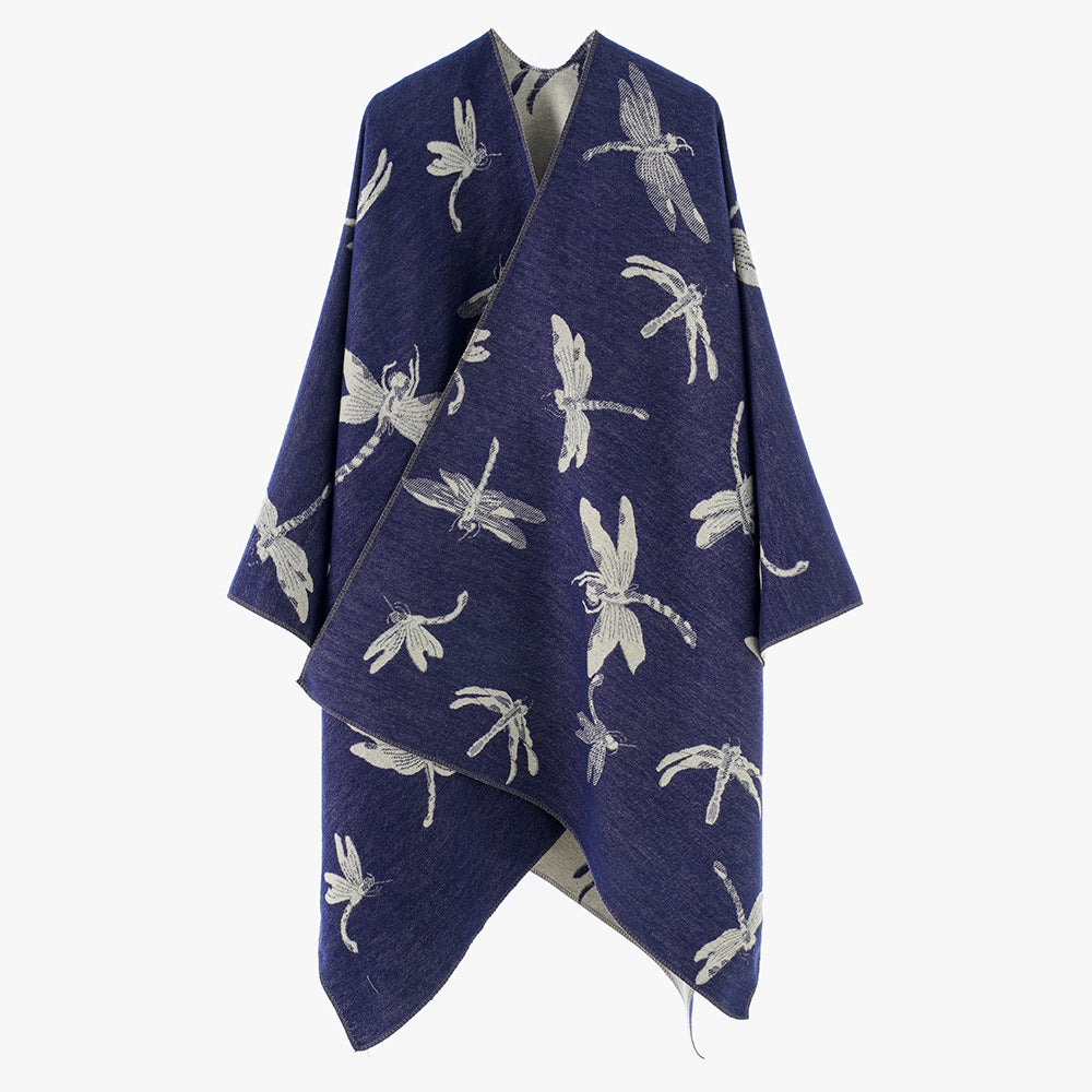 Damen Wendbarer Jacquard-Poncho mit Libellenmotiv – Avérine